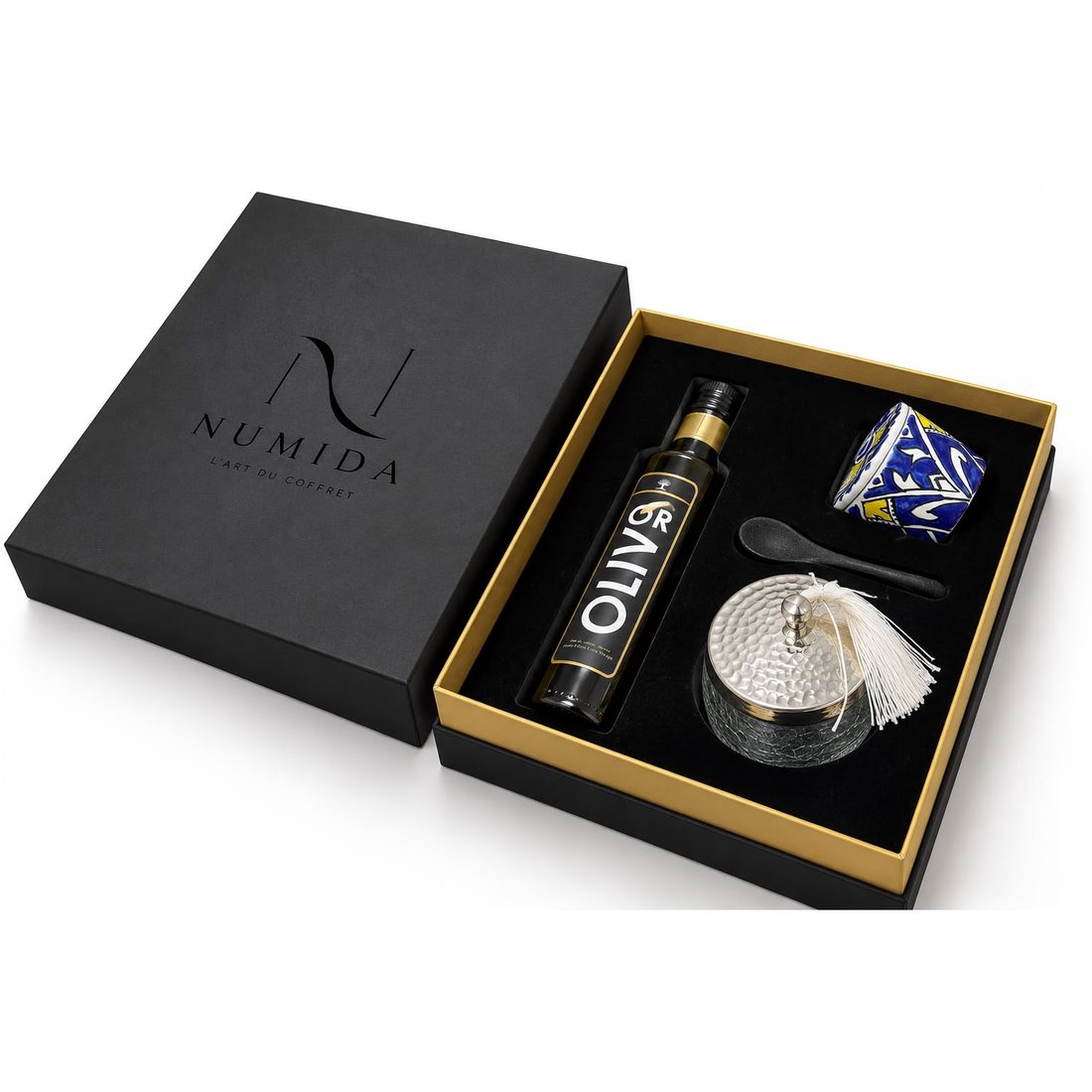 Coffret garni huile d'olive noir et or