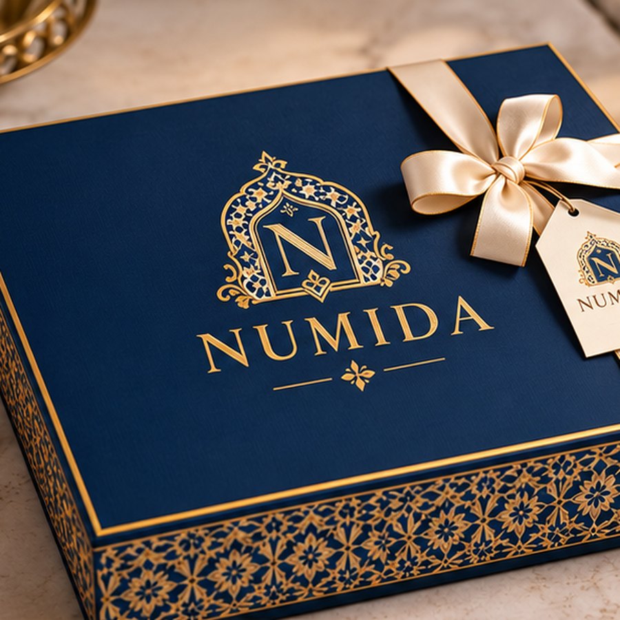 Coffret bleu nuit à motifs orientaux et ruban, collection Orient